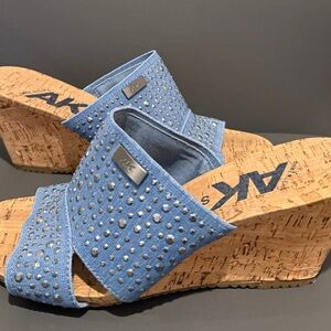 Anne Klein AK Sport Slip-On Cork Wedge Sandal Embellished Blue Womens 7